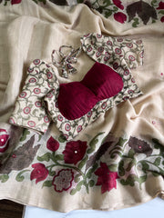 Premium Linen Mirror Saree with all-over Kalamkari