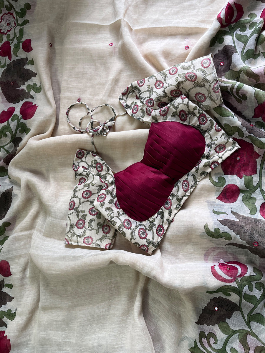 Premium Linen Mirror Saree with all-over Kalamkari