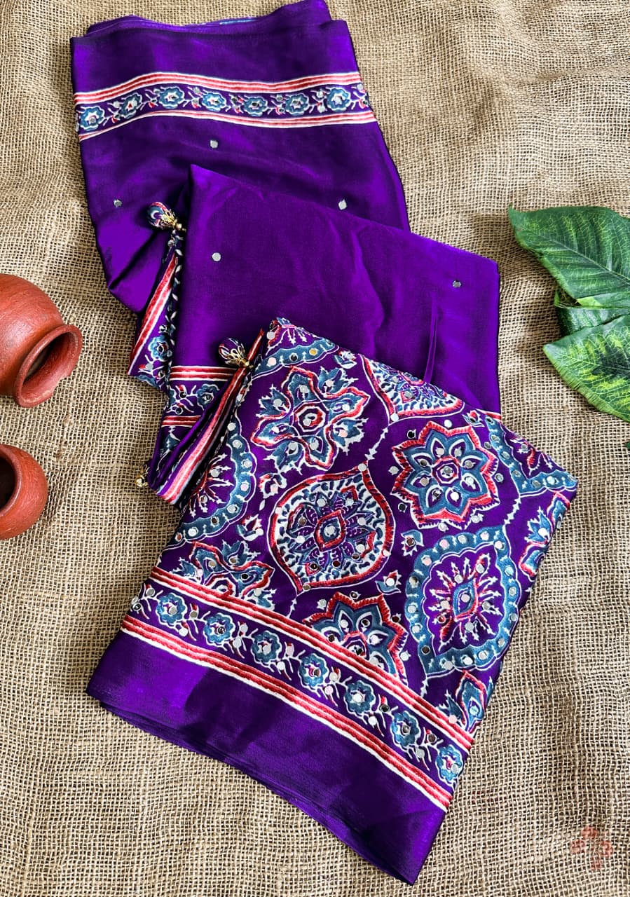 Ajrakh printed semi-pure modal silk sarees
