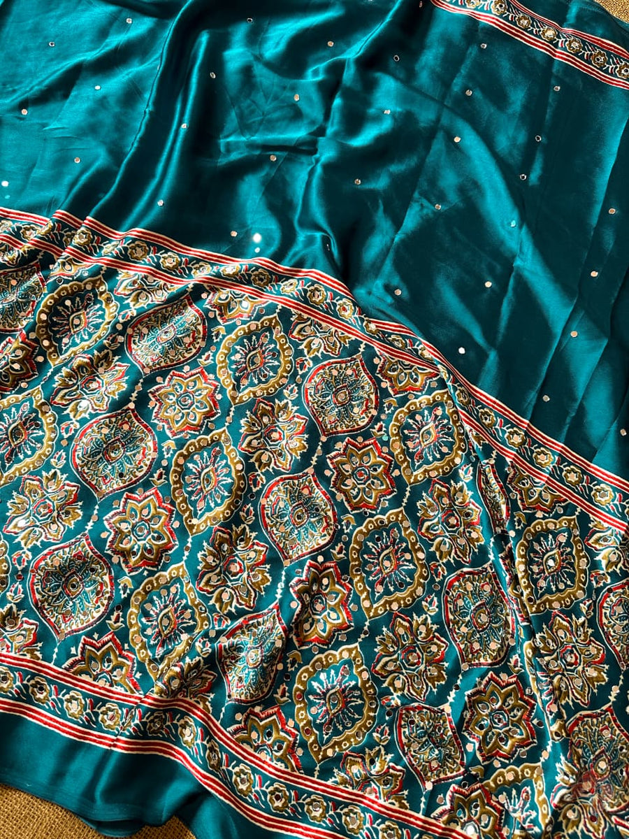 Ajrakh printed semi-pure modal silk sarees