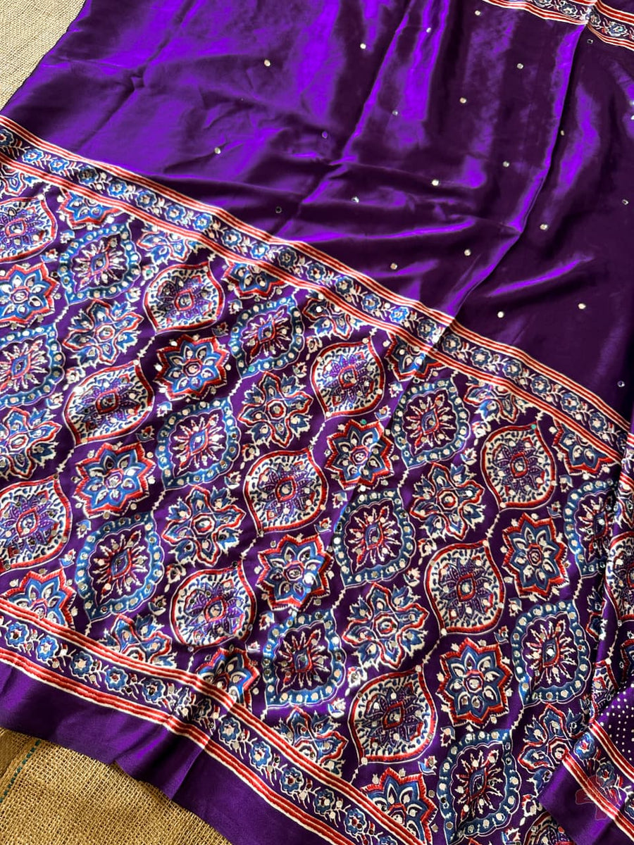Ajrakh printed semi-pure modal silk sarees