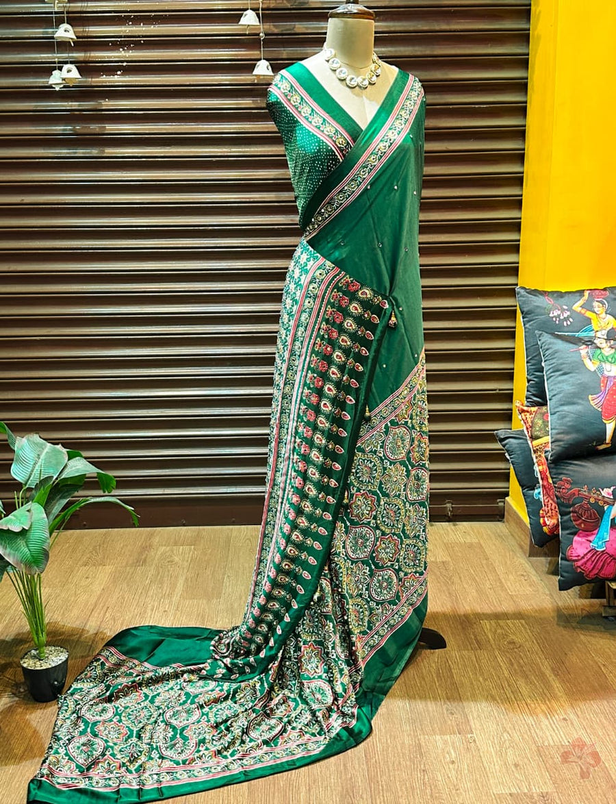 Ajrakh printed semi-pure modal silk sarees