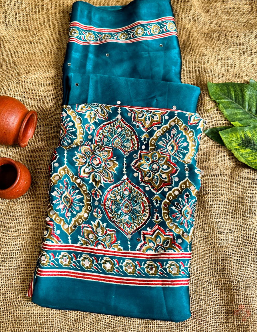 Ajrakh printed semi-pure modal silk sarees