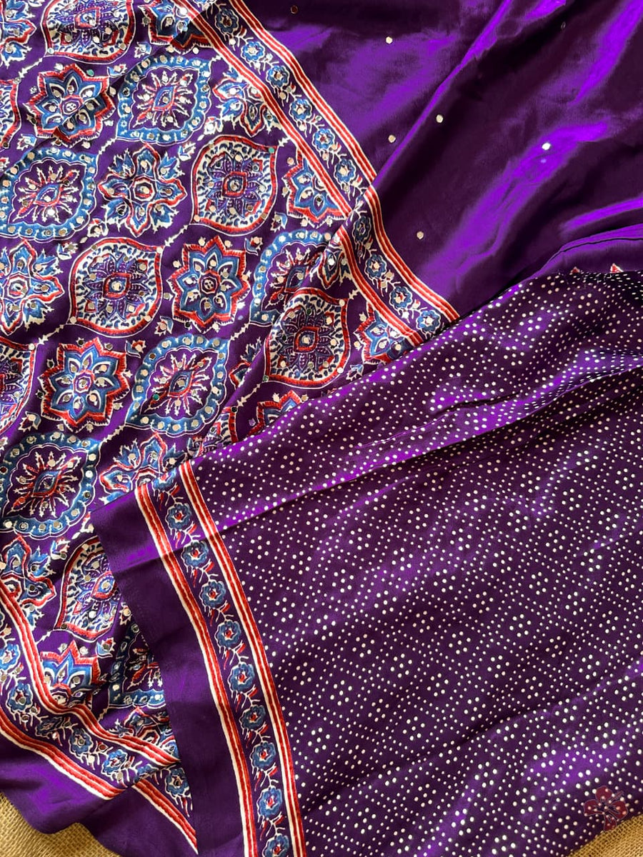 Ajrakh printed semi-pure modal silk sarees