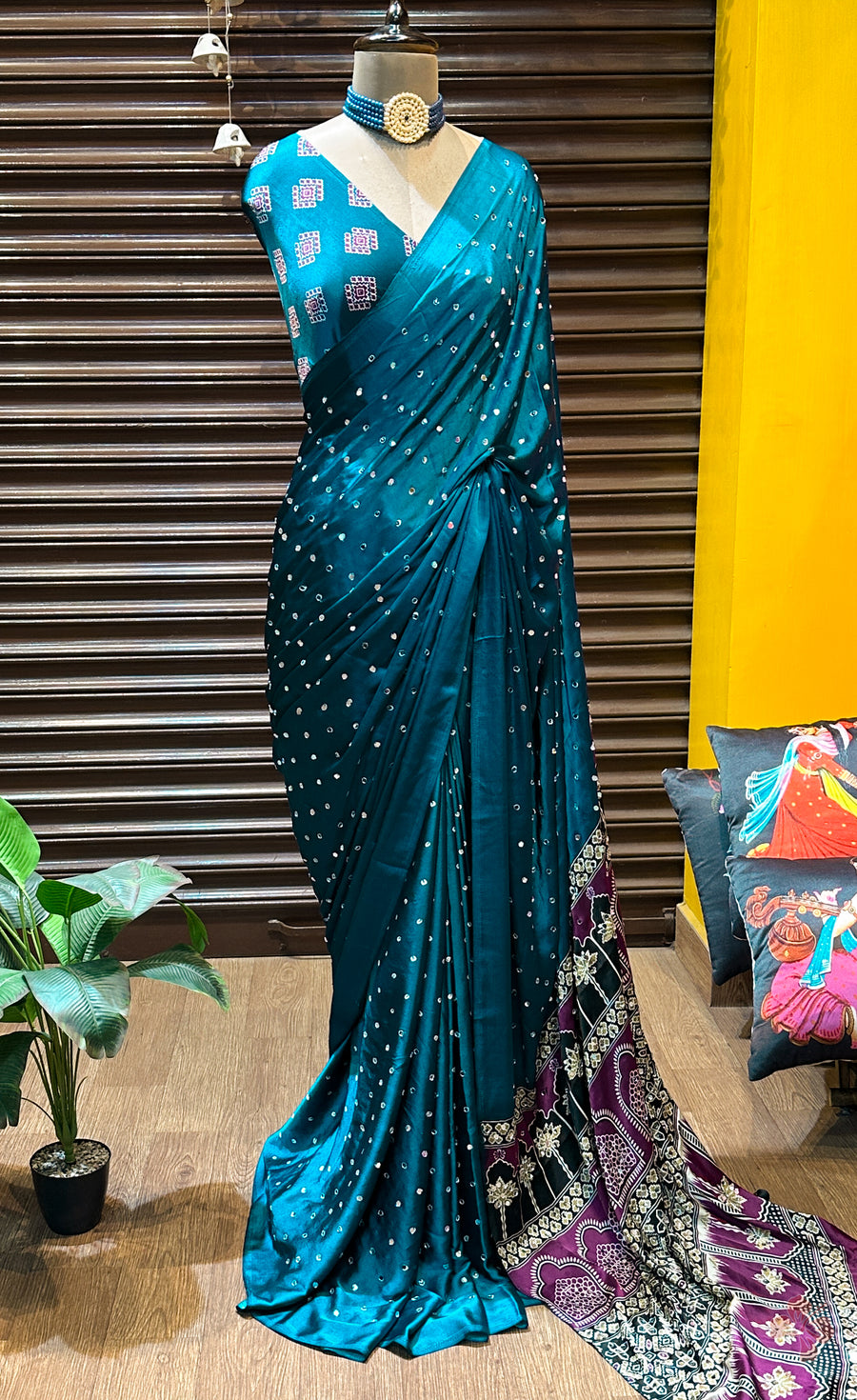 Ajrakh printed semi-pure modal silk saree