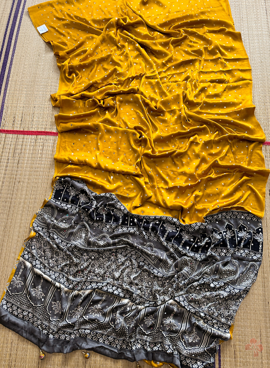 Ajrakh printed semi-pure modal silk saree