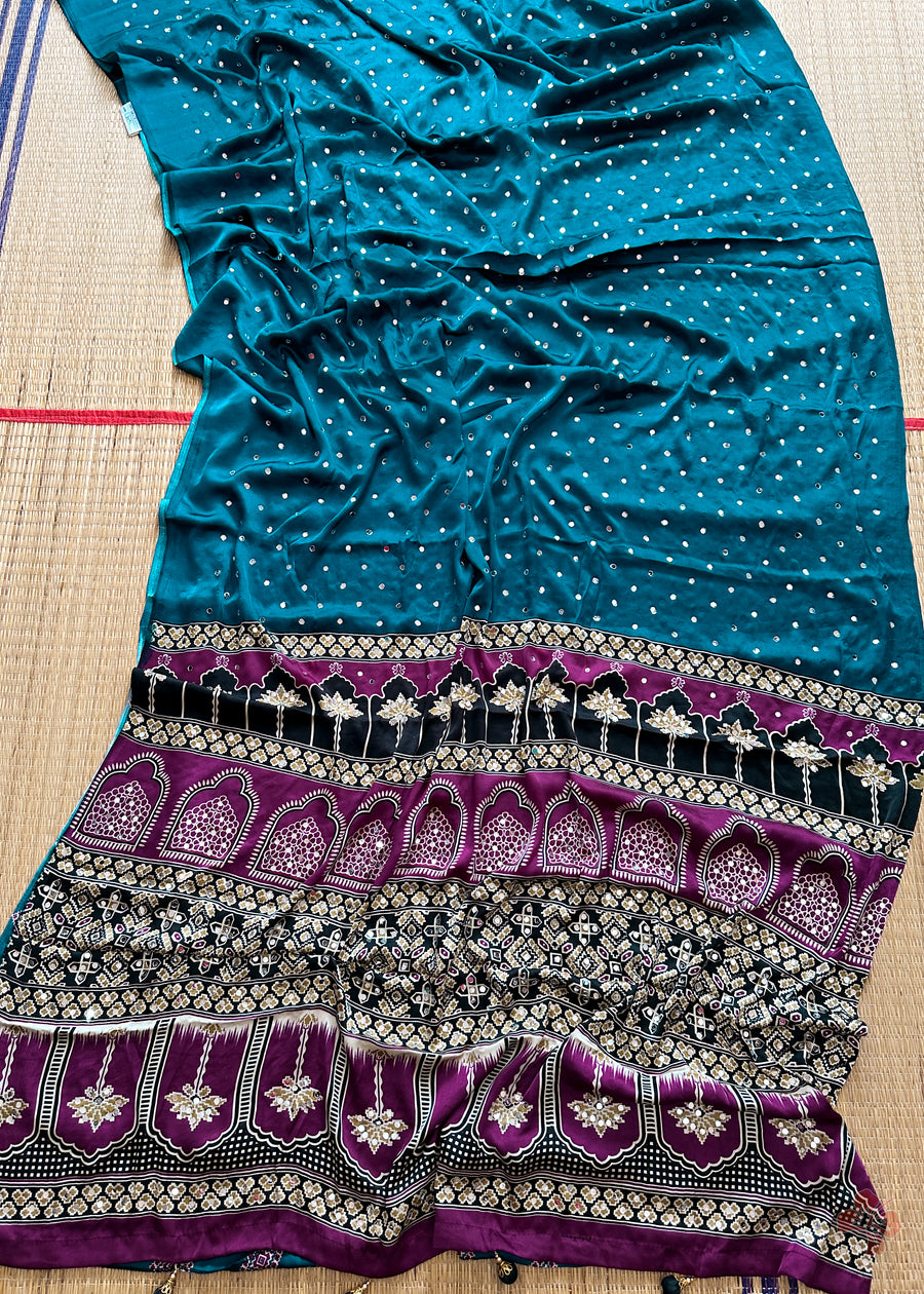 Ajrakh printed semi-pure modal silk saree